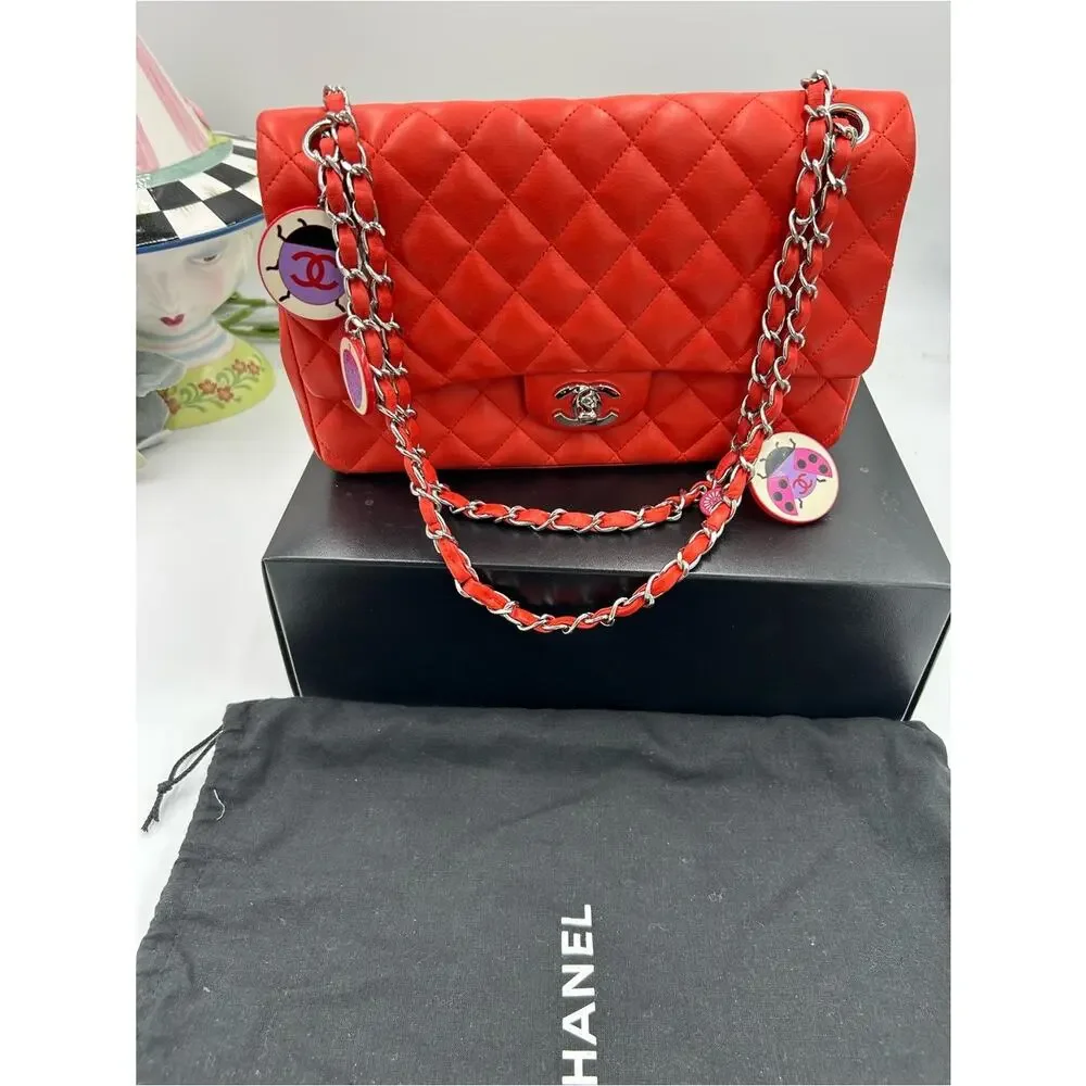 Women's Chanel MATELASSE lambskin shoulder Bag ladybug, and strawberry charms.